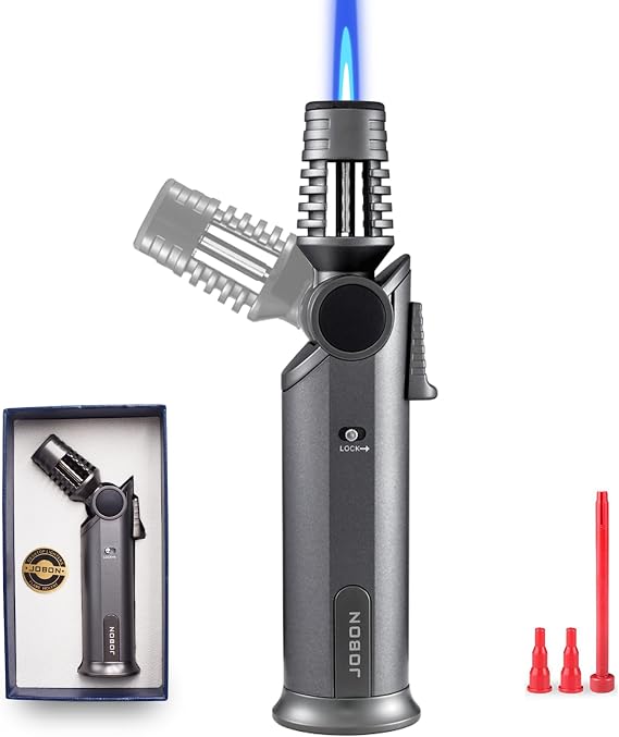Butane Torch Lighter, 60 Rotatable Refillable Kitchen Cooking Torch Windproof Adjustable Flame Lighter with Fire Lock for Baking Creme Brulee BBQ, Butane is Not Included (Black)