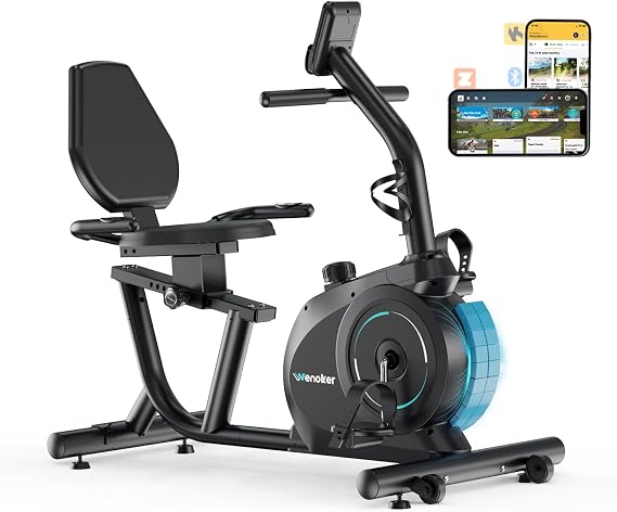 Wenoker Recumbent Exercise Bike for Home, Quiet Magnetic Stationary Bike with Bluetooth APP Connectivity, 15-Level Magnetic Resistance, Adjustable Seat, LCD Monitor, Indoor Cycling Bike, 350 LB Capacity