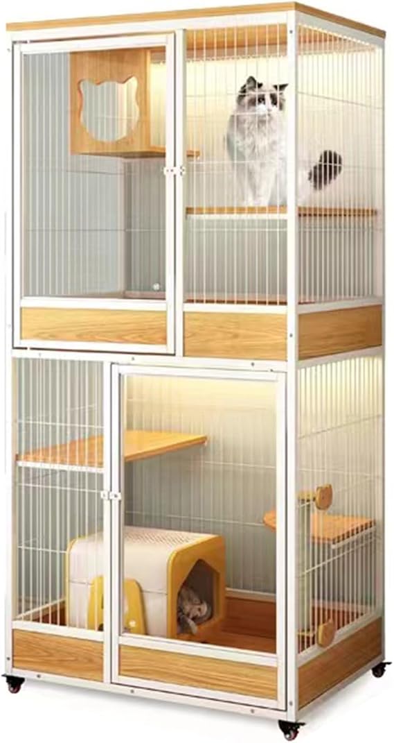 Cat Cage Catio Cat Enclosures Outdoor for Cats, Large Indoor Cat Enclosure, Double-Tier Cat Enclosures with 360° Ventilation, Swivel Lock Wheels, Multi-Feature Enclosed Cat Houses, Ventilati