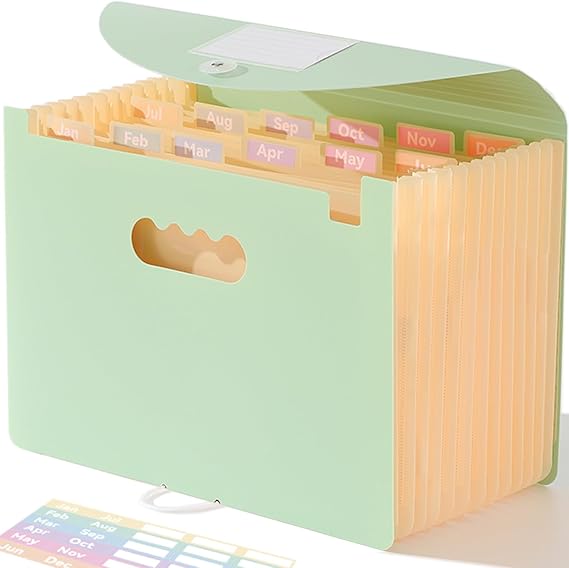 SortRax Monthly 12-Pocket Accordion File Organizer, Letter/A4 Size, Green