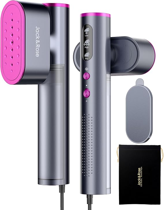 Jack&Rose Steamer 2-in-1 Travel Steamer with 110-240V Dual Voltage Handheld steamer with 1000 W 15 s quick heating steam output 22 g/min 3 LED modes for travel and business 730 g