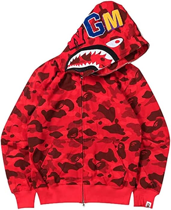 Men's Shark Mouth Fashion Hooded Sweatshirt Zipper Long Sleeve Hip Hop Street Wear Style Hinges Camouflage