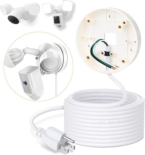 30ft/9M Power Cable with Adapter and Plug-in Mount Compatible with Blink Floodlight Cam, eufy Floodlight E340, Electrical Box with Weatherproof Cord-(2in1 Mount & Cord Set)