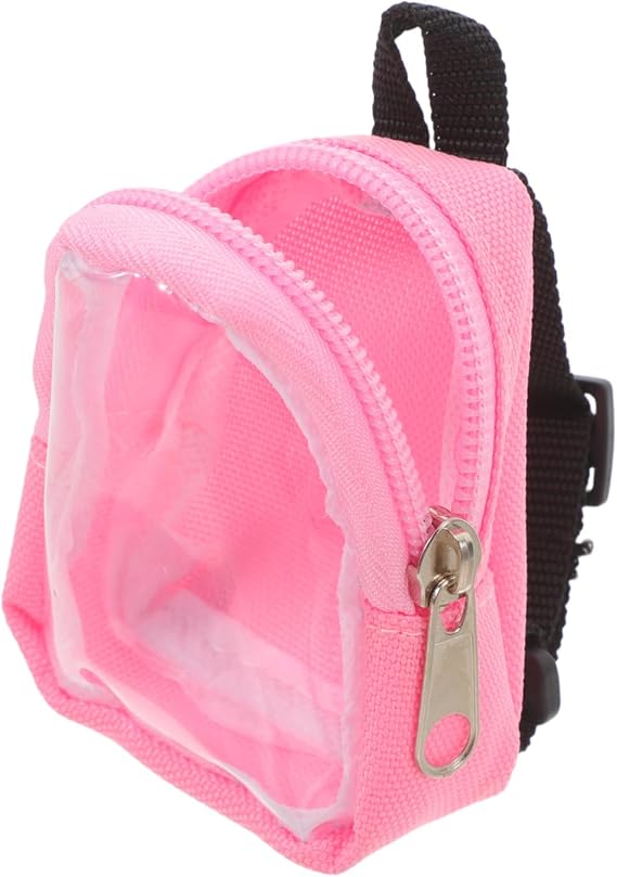 Mini Backpack for Dolls, Pink Cloth Mini Doll School Bag with Window, Adjustable Straps, Multiple Storage Pockets and Zipper for Dress-up Display