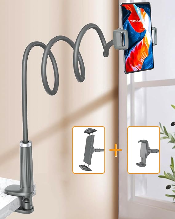 Gooseneck Phone Holder Tablet Stand for Bed:[Swivel Base] Adjustable Flexible Lazy Arm with 2 Clips Phone Tablet Holder Mount Compatible iPad Pro Air Mini | Kindle | Switch or 4-12.9" Device (Gray)