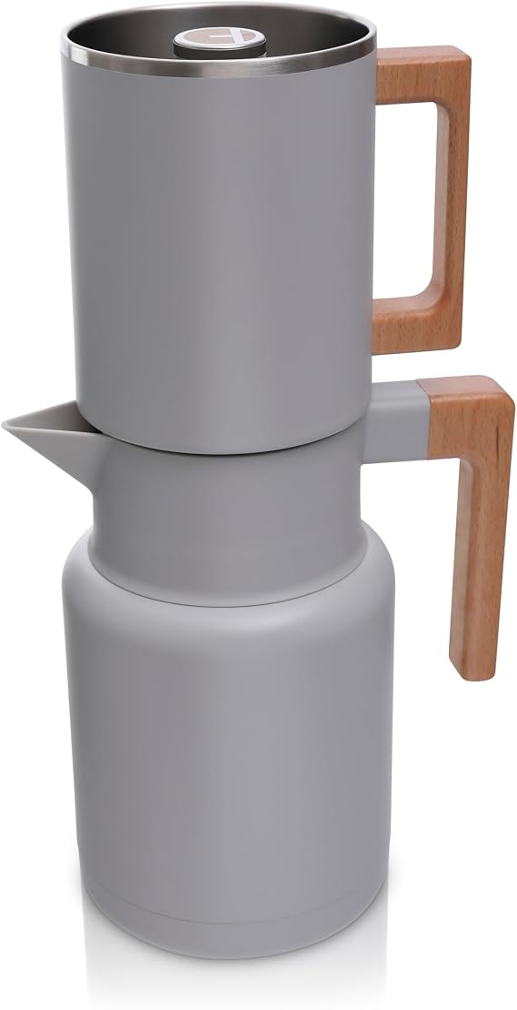 HASTINGS 50 Oz Pour Over Coffee Maker Set with Double Layer Reusable Stainless Steel Filter 8-Cup and Wood Handle - Dual Wall Heat Resistant Drip Coffee Brewer, Pour Over Coffee Dripper Carafe, Gray