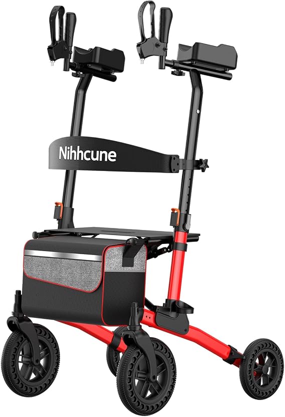 Nihhcune Upright Rollator Walker with Seat for Seniors & Adults | Folding Rolling Walker Supports 300lbs, Big 8" All-Terrain Wheels, Stand Up Walker Padded Backrest & Adjustable Handle