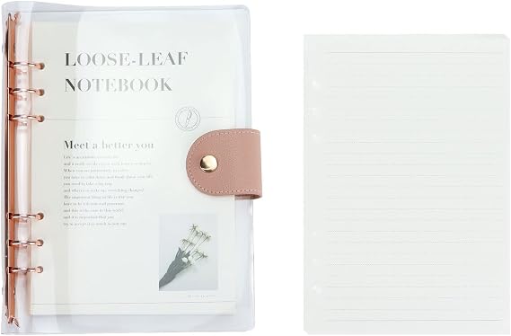 MultiBey A5 Binder 6-Ring Clear Binder Notebook Cover, Rose Gold Round Ring with 90 Sheets Lined Inner Papers, A5 Planner Budget Binder with Snap Closure (A5, Rose Gold)