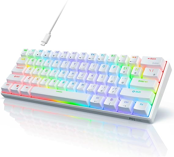 RK ROYAL KLUDGE RK61 Wired 60% Mechanical Gaming Keyboard Programmable QMK/VIA RGB Backlit 61 Key Ultra Compact Hot Swappable Blue Switch White