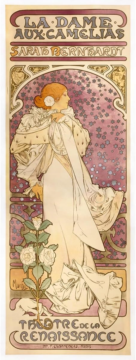 Premium Poster Wall Art Print - Alphonse Mucha La Dame aux Camelias (Sarah Bernhardt) 1896 - 15x40 Inch | Art Nouveau Belle Epoque Theater Poster for Dressing Room, Vanity Area, Study Lounge & Vintage Gallery Space