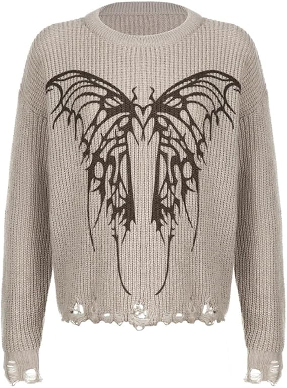 Oversized Sweaters for Women - Y2K Butterfly Printed Long Sleeve Knitted Pullover Ripped Crop Sweater