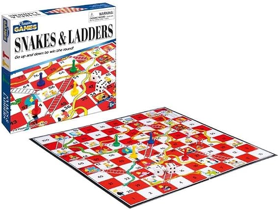 Snakes and Ladders Classic Board Game in a Compact Box, 8-inch Square, Interactive Toy