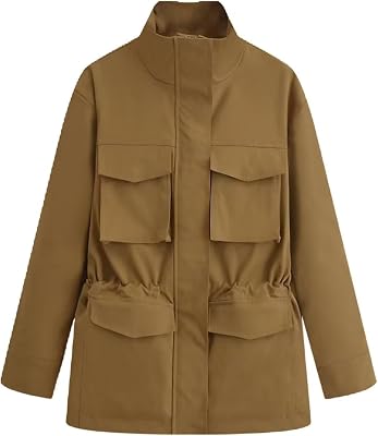FindThy Women’s Utility Jackets Casual Stand Collar Drawstring Waist Long Sleeve Multi Pockets Outerwear Coat