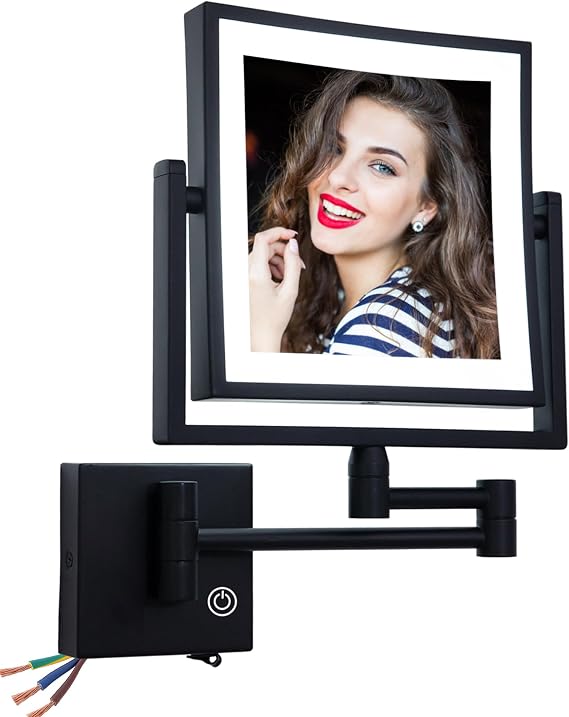 Direct Wire Makeup Magnifying Mirror Wall Mounted, 8 Inch Double Sided 1X/3X Magnification, Touch Dimmable, Brass 360 Swing Extension Arm, Square Frame, Brighter 7W LED Light, Matte Black
