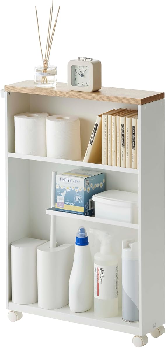 Yamazaki Home Slim Rolling Storage Cart Narrow Bathroom Storage Cabinet With Handle, Slim Bathroom Storage Cart With Wheels, Easy Assembly, Steel + Wood, White, 27" - Steel -