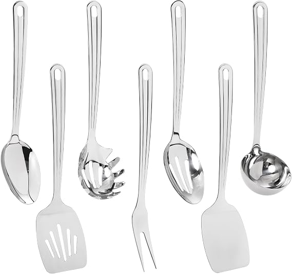 HiFind Stainless Steel Cooking Utensils Set - 7 PCS Serving Utensils, Cooking Utensil, Solid Spoon, Slotted Spoon, Fork, Spatula, Ladle, Slotted Spatula Tunner, Spaghetti Spoon