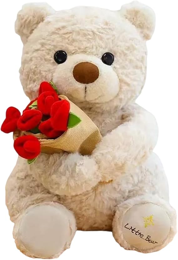 Teddy Bear for Girlfriend, Rose Bear with Floral Design, Cute Teddy for Romantic Occasions, White Rose Teddy Bear Measuring 20-25 cm