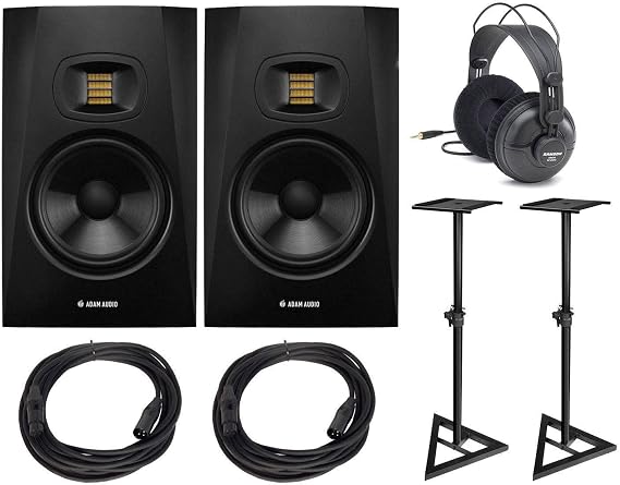 Adam Audio T7V Studio Monitors with Headphones, Stands, and Microphone Cables