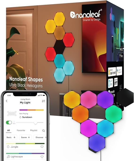 Nanoleaf Shapes Ultra Black Altıgen Başlangıç ​​Kiti, 9 Akıllı RGBW LED Paneli – 16 Milyon Renk, Modüler Wi-Fi İç Mekan Duvar Aydınlatması; Alexa, Google ve Apple ile Uyumlu [Enerji Sınıfı G]