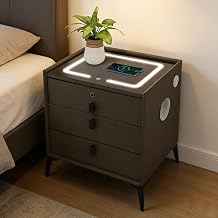 Smart Bedside Table 3 Drawers, Sofa Side Table with Wireless Charging, Fingerprint Lock & USB Ports, Storage Cabinet with Three-Colour LED Light Bluetooth Speaker, for Living Room, Office