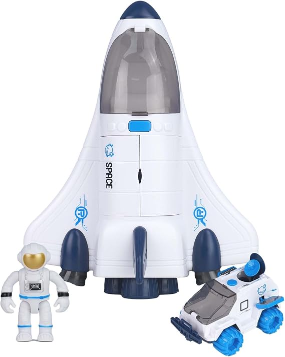 Spaceship Toy Set for Boys Girls, Space Shuttle Toys with Lights & Sound, including 2 Astronauts Figure, 1 Rotating Space Station, 1 Space Rover, Astro Venture Space Playset 10 Pcs (Blue) (White)