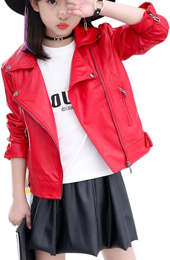 Elife Girls Faux Leather Jacket, Motorcycle Biker Outerwear for Girls 2-12Y