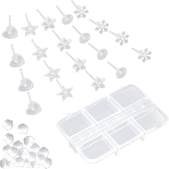 10 Pairs Plastic Invisible Earrings for School, Hypoallergenic Clear Earrings for School, Invisible Earrings for Sensitive Ears with Box, Silicone Earrings 