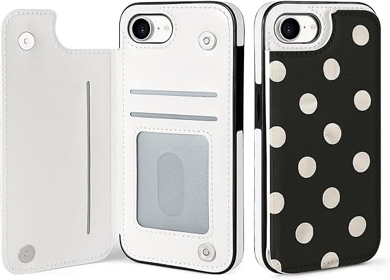 Black and White Polka Dot Print Wallet Case for iPhone 16 E - PU Leather Flip Shockproof Wallet Phone Cases Cover with Card Slots, Kickstand, Magnetic