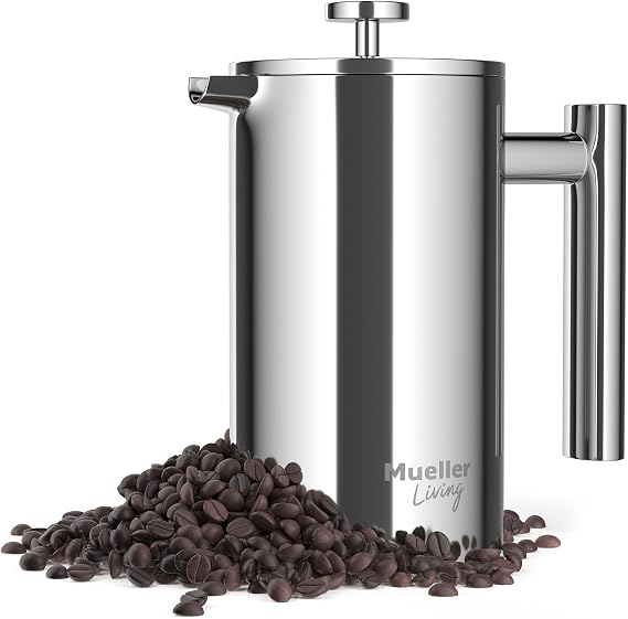 MuellerLiving French Press Coffee Maker 20oz, Stainless Steel French Press Coffee, 4 Filter Heat Resistant Double Insulated, Rust-Free, Food Grade, Dishwasher Safe Coffee Pot | 20oz | Stainless Steel | 4 Filter Heat Resistant Double Insulated | Rust-Free | Food Grade | Dishwasher Safe Coffee Pot