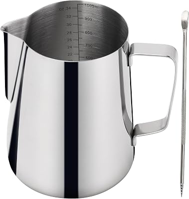 Milk Frothing Pitcher, 34oz Creamer Pitcher with Clear Scale, 304 Stainless Steel Milk Frother Cup for Espresso Machine Milk Steamer with Latte Art Pen
