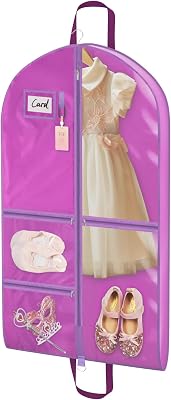 Univivi Dance Costume Garment Bag, 40 Waterproof Hanging Bag for Travel, Kids Clothes Bag With 5 Clear Pockets and Handles for Costumes and Sports, Purple
