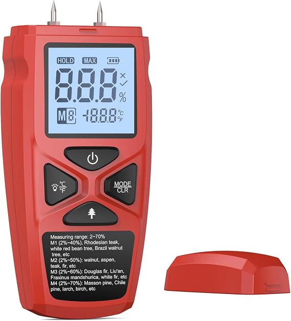 Wood Moisture Meter Firewood Moisture Detector Two Pins Digital Wall Moisture Detector Damp Detector Tester for Wood Walls Firewood Logs Floor Lumber Humidity Detector Tool (red)
