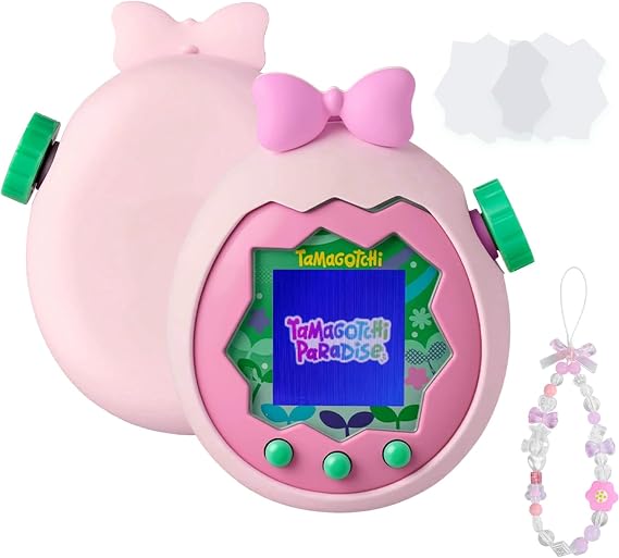for Tamagotchi Paradise Case with Cute Charm Lanyard and Two Screen Protectors, Scratch-Resistance Soft Silicone Bow Cover for Tamagotchi Paradise - Soft Pink