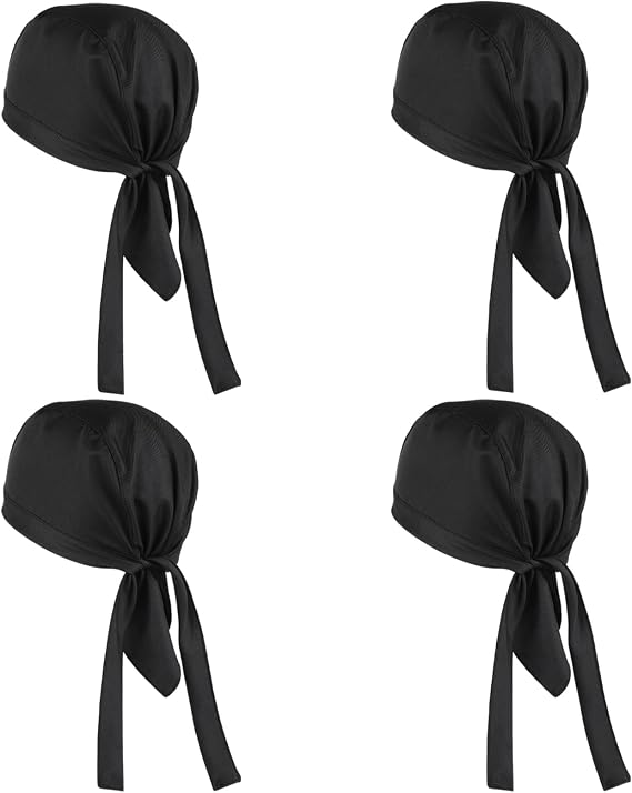 Chef Hat for Men&Women, 4 Pack Back Kitchen Cooking Cap, Elastic Back Skull Caps, Chefs Hats with Ties, Adjustable Chef Hat Bandana for Kitchen Cooking Service and Other Work One Size Fit All Adults