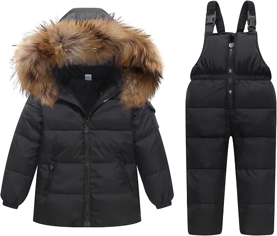 JiAmy Kids 2 Piece Snowsuit Set Girl Winter Hooded Puffer Jacket & Snow Bib Pants Boy Ski Suits(1-12Y)