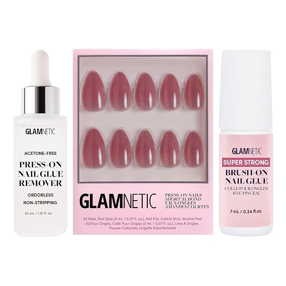 Glamnetic Press-On Nails - Rose | Super Strong Brush On Nail Glue & Press-On Nail Remover | Short Almond Rosy-Pink Nails with a Mesmerizing Metallic Finish | 15 Sizes - 30 Nail Kit with Glue and Remov
