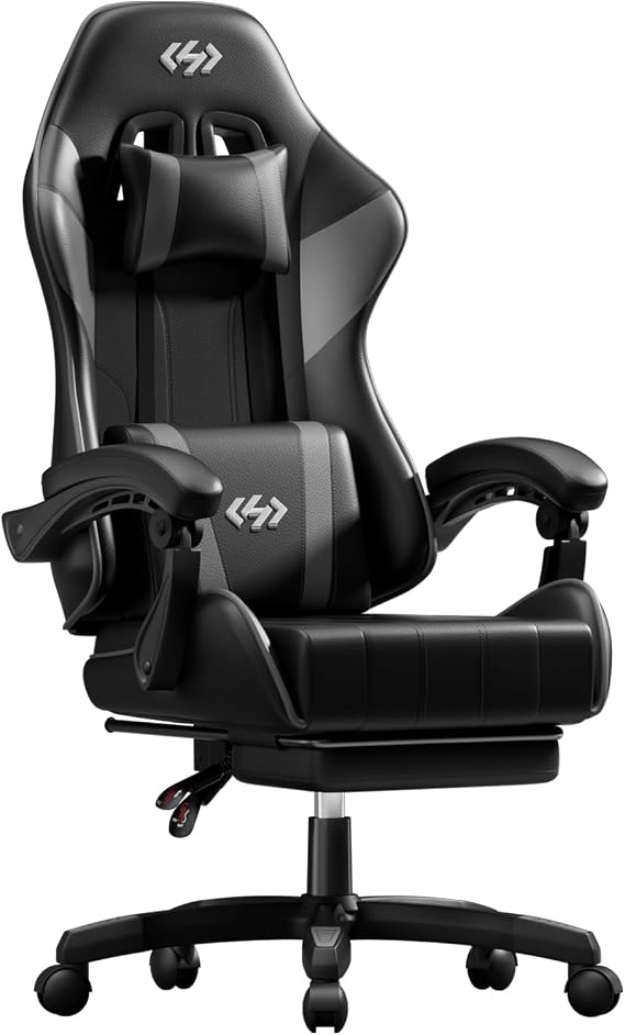 Gaming Chair, Ergonomic Game Chair with Footrest, Reclining Computer Chairs with Lumbar Support & Headrest, Height Adjustable PC Chair for Adults with 360°Swivel Seat (Grey Black)