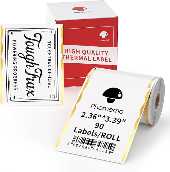 Phomemo Thermal Labels for M220/M200/M221/M250 Label Maker, 2.36"x3.39"(60x86mm),90 Labels/Roll,for Barcode,Address,Name,Logo,DIY,Home Tag,Wave Gold Edge