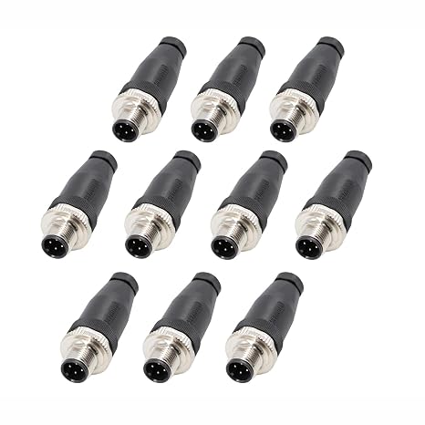 10pcs M12 4 Pin Connector Field Wireable A Code Straight Male Plug Non-Shield 12mm Industrial Circular Connector, Outdoor Waterproof IP67