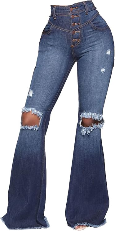 SeNight Women's Ripped High Waist Flared Jeans with Raw Hem | High-waist flared jeans with vintage dark wash denim,frayed raw,loose wide bootcut fit