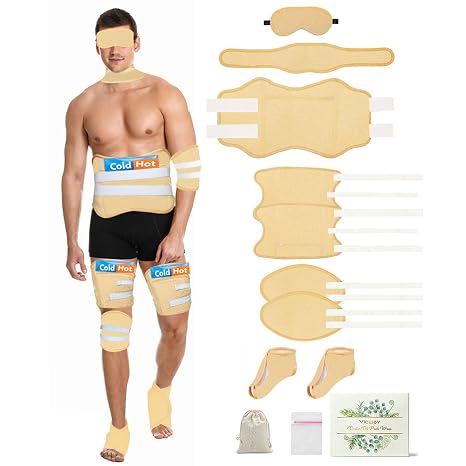 11 PCS Castor Oil Pack Wrap for Men, Castor Oil Wraps for Entire Body Plus Size, Castor Oil Pads Set for Eyes Stomach Knees Legs Feet, Flannel Cotton, Adjustable Straps, Reusable, Machine Washable