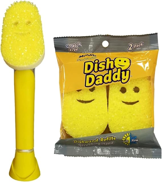 Scrub Daddy Dish Daddy Wand & Refill Heads, Soap Dispensing Dish Brush, Texture Changing Washing Up Sponge With Liquid Handle, Handle Sponge and Built-in Scraper & Scrubbing Head, Drip stand, Yellow
