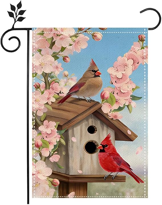Winter Cardinal Decorative House Flag 12x18 Inch Vertical Double Sided Pink Flowers Tree Holiday Outside Decorations Outdoor Burlap Yard Flag