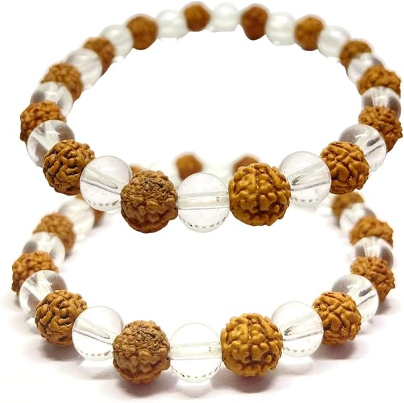 NAISHA Rudraksha & Crystal Sphatik Beads Bracelet (Pack of 2) Natural 5 face Himalaya Rudraksh Seed, Rosary Crystal, Wrist Mala Wrap, Bracelet Bead Size 7 mm | Natural Himalayan 5 Face Rudraksha & Crystal Bead Wrist Mala for Meditation, Yoga, Prayer, Jaap and Spiritual Daily Wear