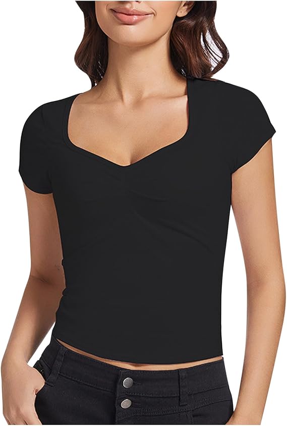 Women's Sexy Twist Front Deep V Neck T Shirts Double Lined Short Sleeve Trendy Slim Fit Tee Going Out Crop Top Y2K