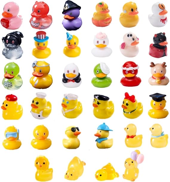 34 pcs Mini Resin Ducks, 34 Styles Novelty Shape Tiny Ducks Figures, Small Plastic Animal Miniature for Aquarium Dollhouse Fairy Garden Landscape Decor