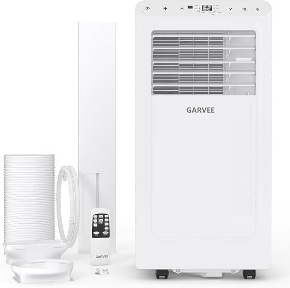 Garvee 8000 BTU Portable Air Conditioner, White, Up to 350 Sq. Ft., Remote Control, 48 dB, Dehumidifier, Fan, Sleep, 24H Timer & Installation Kit, DOE Certified, CEER 6.2
