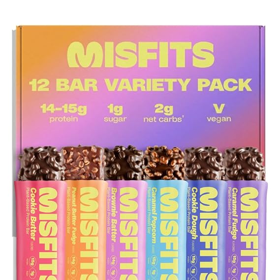 Misfits Vegan Protein Bars - Updated Recipe | Plant Based, Low Sugar & Carb, High Fiber Snacks | Variety Pack of 12 (4 Flavors)
