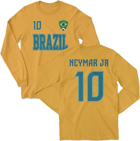 Brazil Neymar Jr 10 Soccer Inspired Jersey Style Long Sleeve T-Shirt