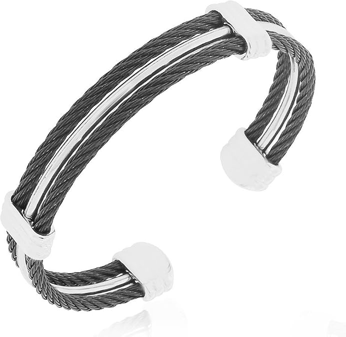 Stainless Steel Black Silver-Tone Twisted Cable Open End Bracelet